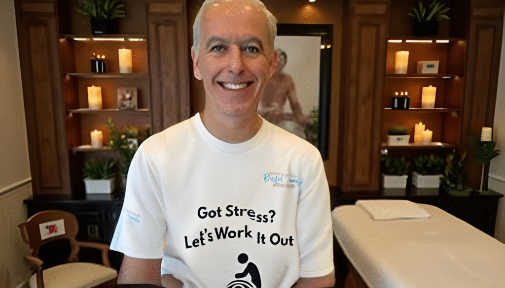 Business owner wearing a corporate t-shirt