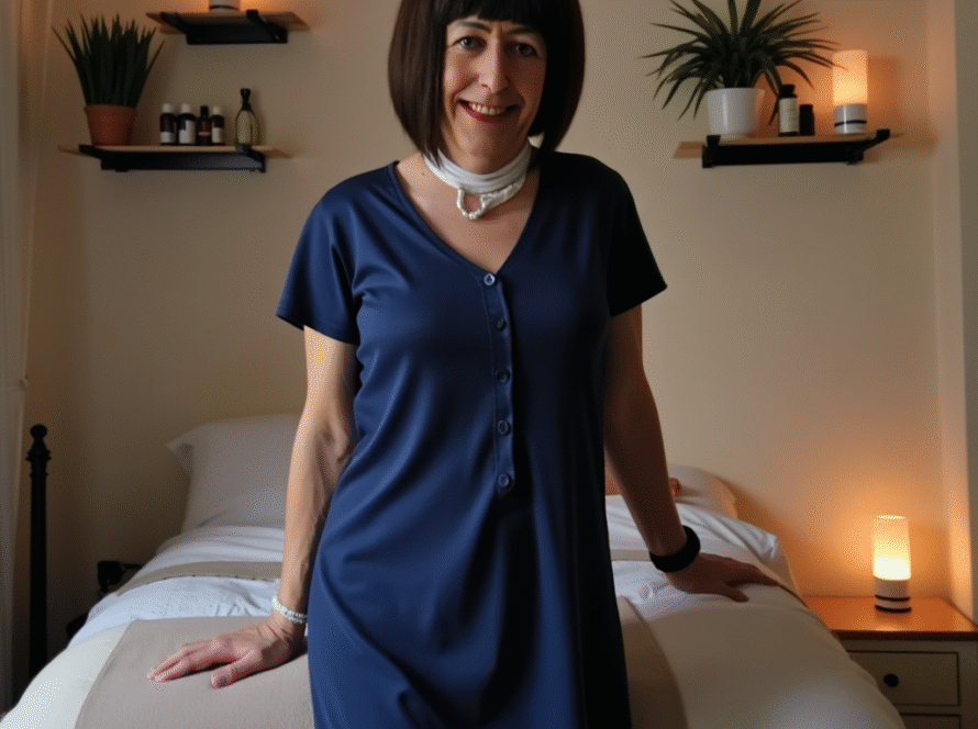 Harmony standing in front of her massage couch