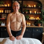 Massage therapist standing at his couch